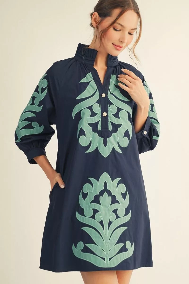 Jodifl Navy with Green Appliqu Dress | Lalli's Boutique